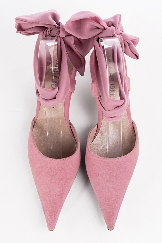 Carnation pink women's open back shoes, with an ankle scarf. Pointed toe. Low kitten heels. Top view - Florence KOOIJMAN